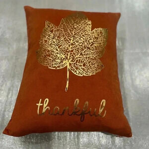Pumpkin Red Faux Suede Fabric Pillow with Golden Maple Leaf and ‘Thankful’ Print